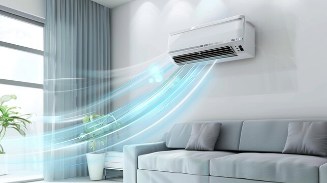 Modern air conditioning unit with cooling airflow in living room